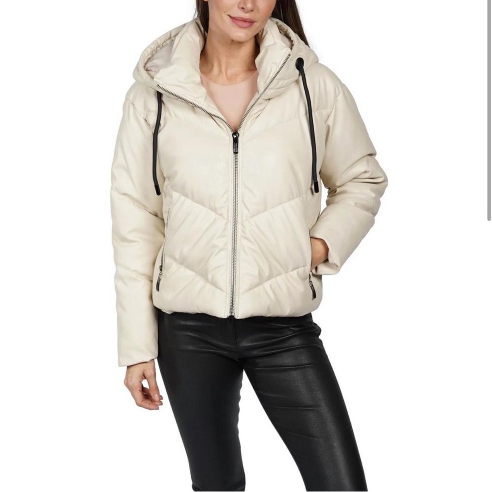 Love Token Women's Beige Faux Leather Hooded Puffer Jacket Coat Size extra small